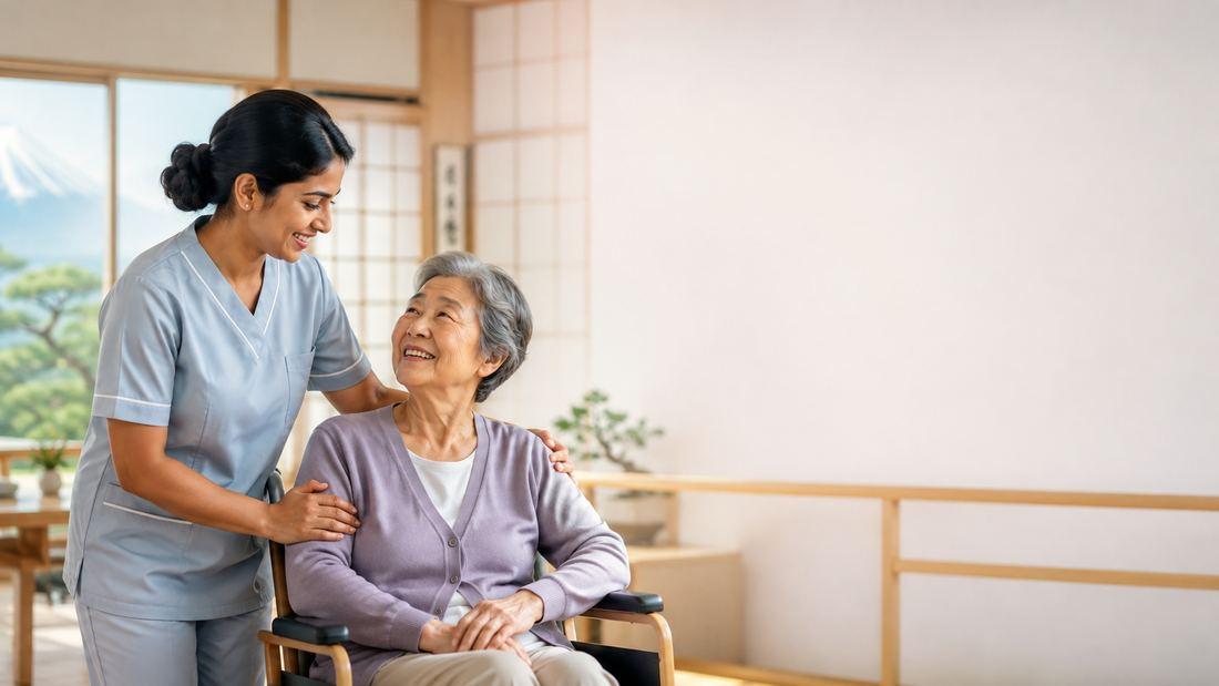 An Indian caregiver assisting an elderly Japanese woman in a wheelchair inside a traditional tatami-style room, Mount Fuji visible through the window.