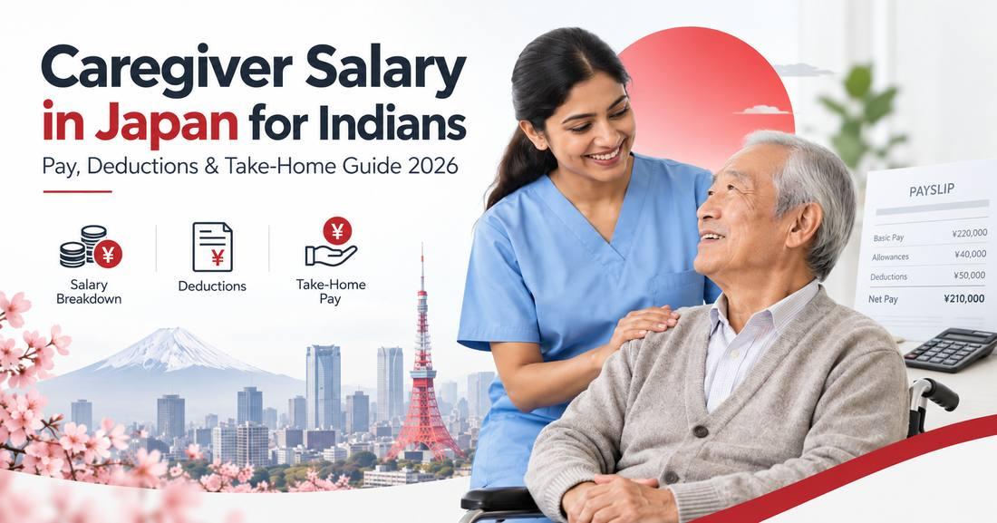 An Indian caregiver in blue scrubs supporting an elderly Japanese man in a wheelchair, beside a Japanese payslip showing basic pay, allowances, deductions and net pay.