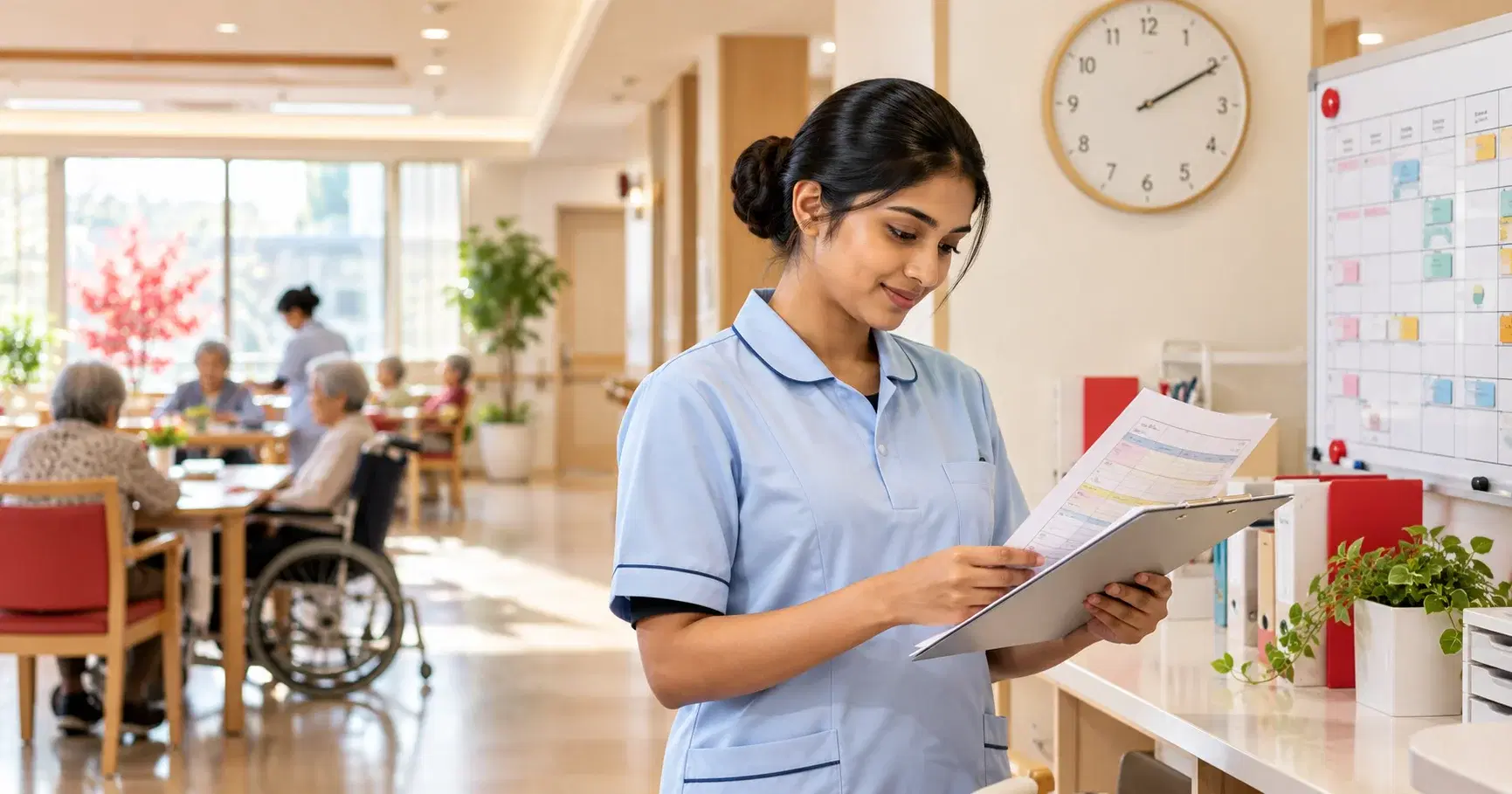 Indian caregiver in a Japan elderly-care facility reviewing a work schedule near a shift board and wall clock