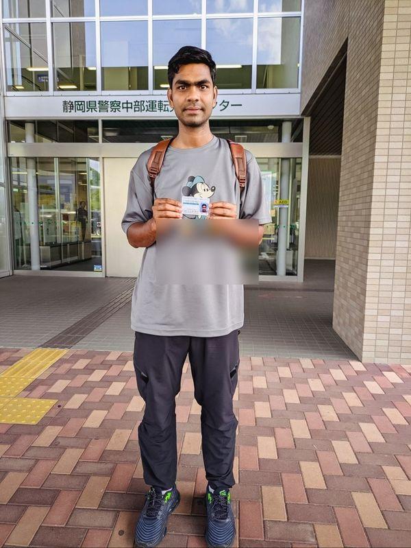 Paikaray Dillip Kumar holding his Japanese large-vehicle licence