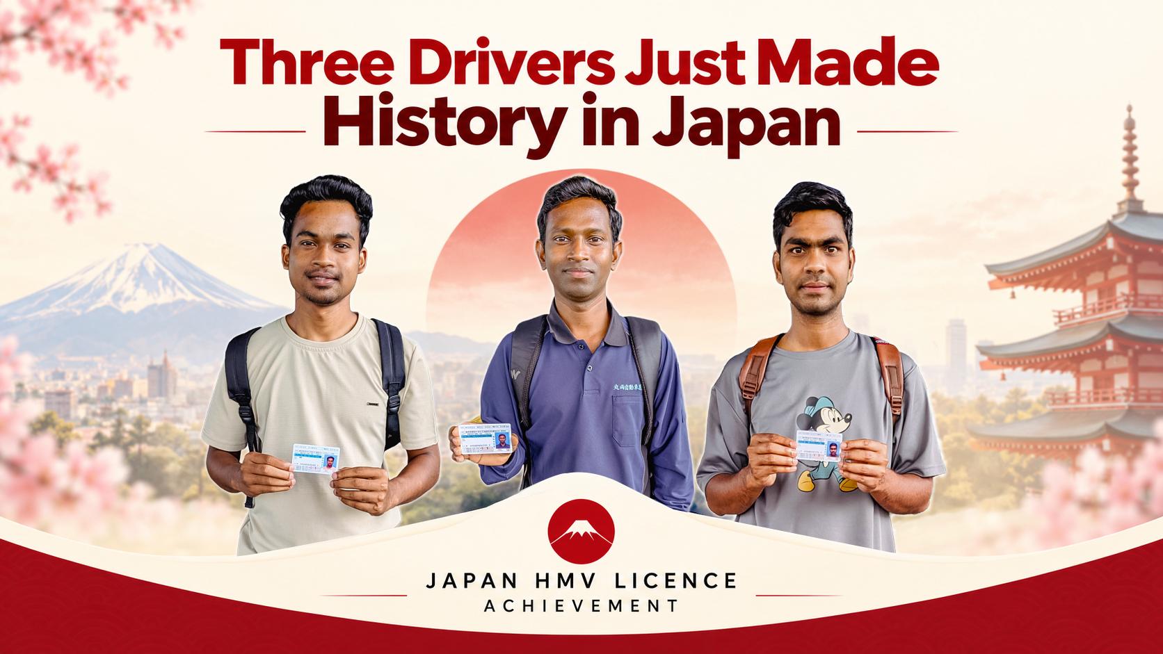An Indian truck driver in uniform standing beside a Japanese commercial truck, with a Japanese Class 1 driving licence shown alongside.
