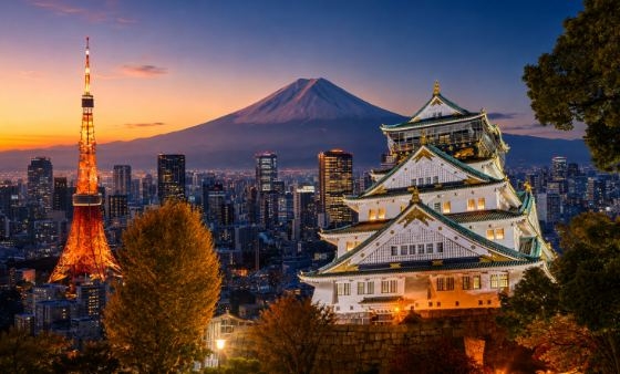 Osaka Castle and Tokyo Tower skyline at dusk