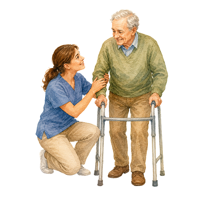 Caregiver helping an elderly man with a walker